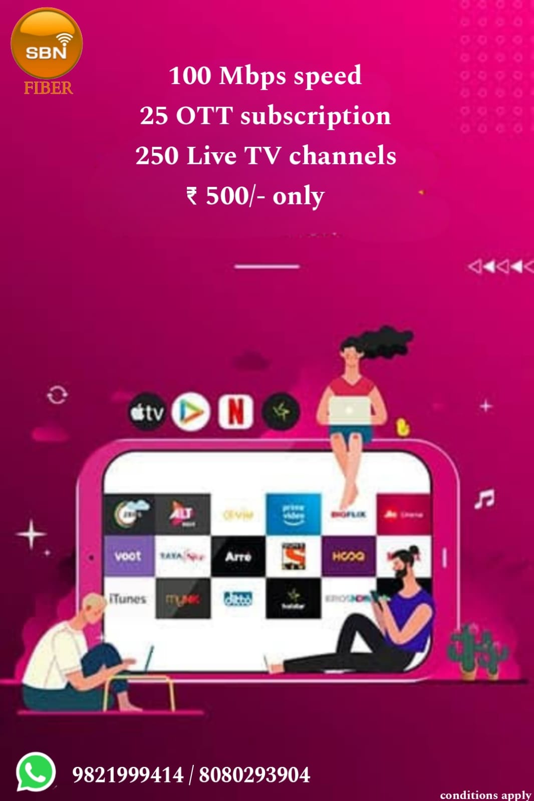 SBN Fiber Featured Plan – 100 Mbps, 25 OTT, 250 Live TV at ₹500